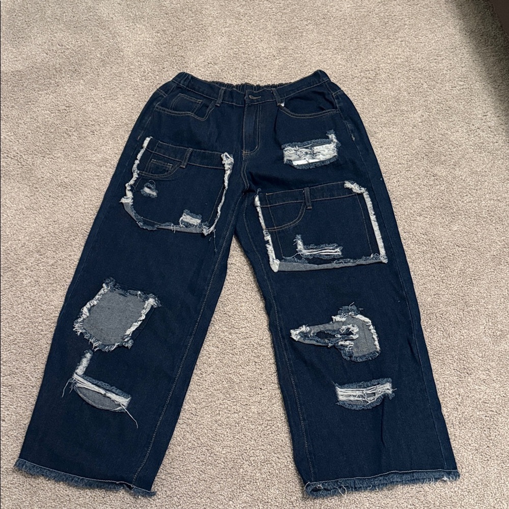 SHEIN Men's Relaxed Dark Blue Distressed Jeans